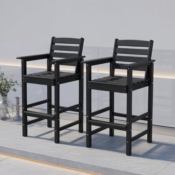 Resenkos 2-Pack HDPE Adirondack Bar Chairs – Weather-Resistant Outdoor Patio Chairs with Wide Armrests, Breathable Slatted Seat & Stainless Steel Hardware – Black