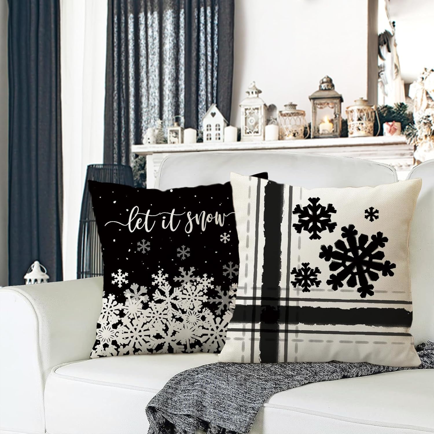Winter Snowflake Decorative Throw Pillow Covers 16x16 Set of 4, Let It Snow Christmas Pine Tree Black Outdoor Pillowcase, Get Cozy Seasonal Holiday Farmhouse Cushion Case Home Decor