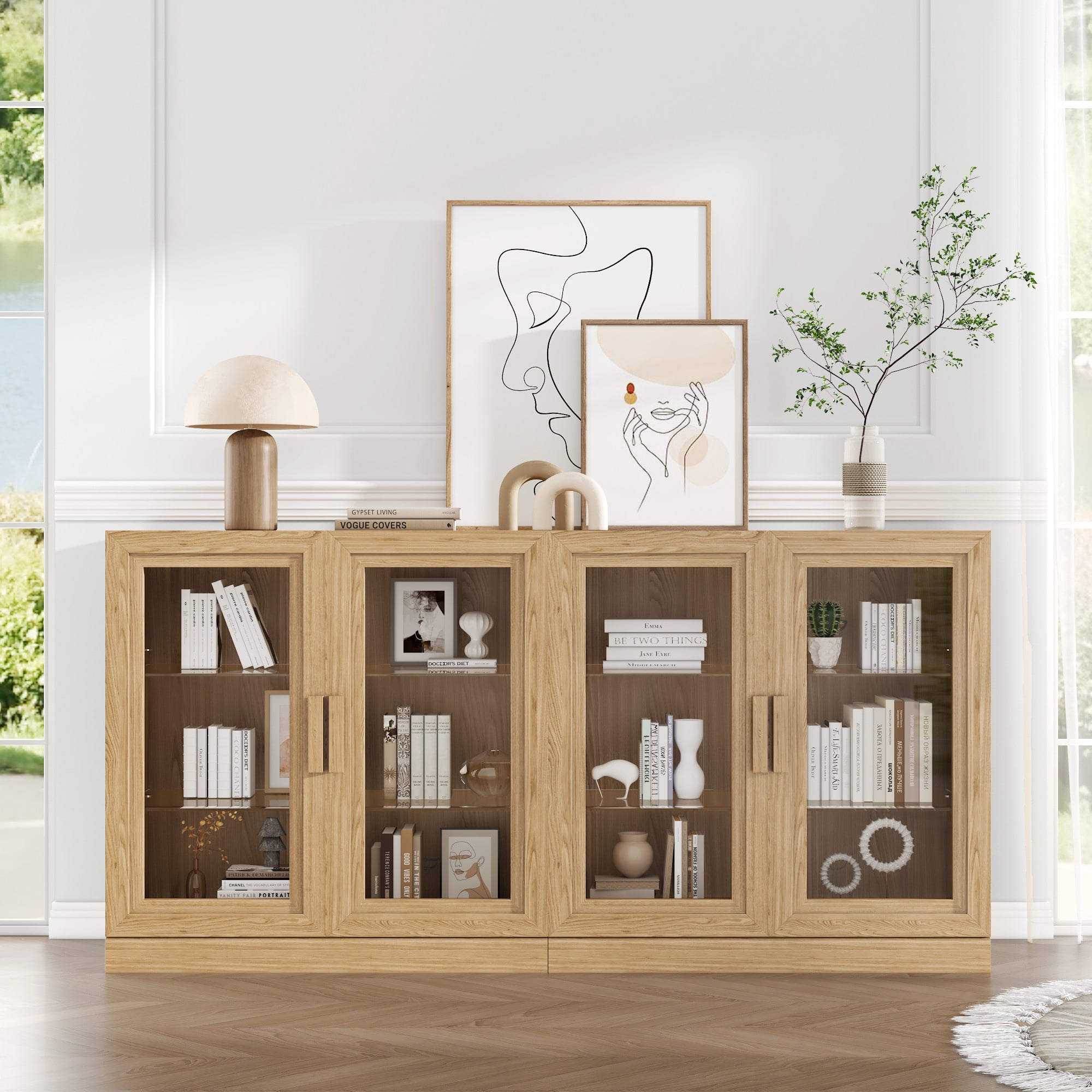 MAYEERTY 2-Set 31*31*16" Modern Natural Wood Grain Storage Cabinet with Glass Door for Living Room