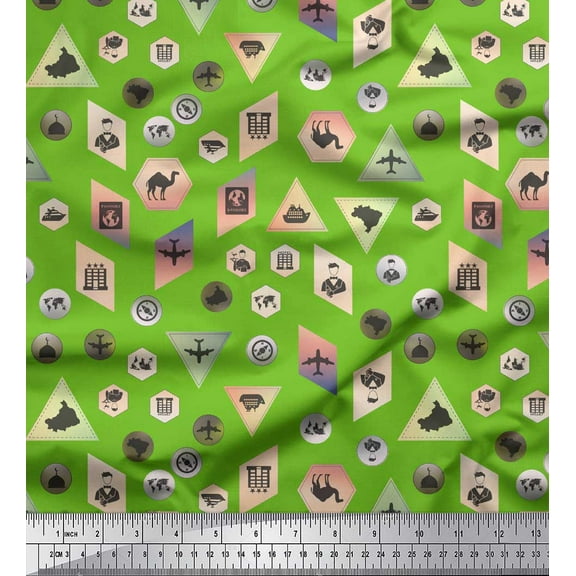 Soimoi Green Cotton Voile Fabric Direction Compass,Map & Airplane Travel Decor Fabric Printed Yard 42 Inch Wide