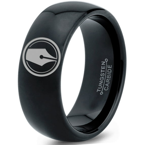 Tungsten Writing Writer Ink Fountain Pen Band Ring 8mm Men Women Comfort Fit Black Dome Polished