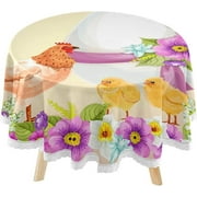 SKYSONIC Paschal Egg Floral Round Tablecloth 60inch Indoor Wrinkle Free, Easter Chicken Chicks Circular Lace Table Cover Washable for Kitchen Party BBQ Dining Decor