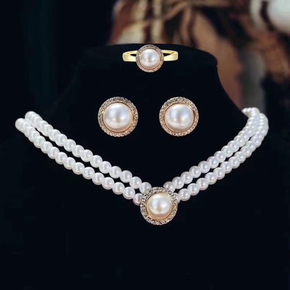 Xinyolin 1 Set Bride Necklace French Style Vintage Temperament Double Layer Elegant Gift Hypoallergenic High Gloss Faux Pearl Earrings Ring Wedding Jewelry