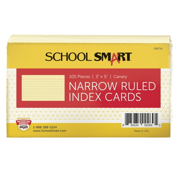 School Smart 90# Ruled Index Card, 3 x 5 Inches, Canary, Pack of 100