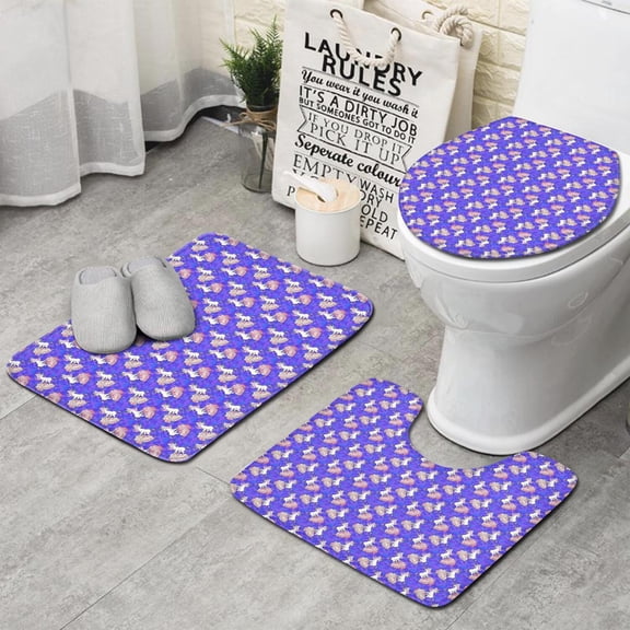 Purple Cartoon Unicorn Cloud Pattern Bathroom Rugs Sets 3 Piece,Toilet Cover Set,Absorbent Non Slip Bathroom Mats Sets with U-Shaped Contour Rug Toilet Rug Set