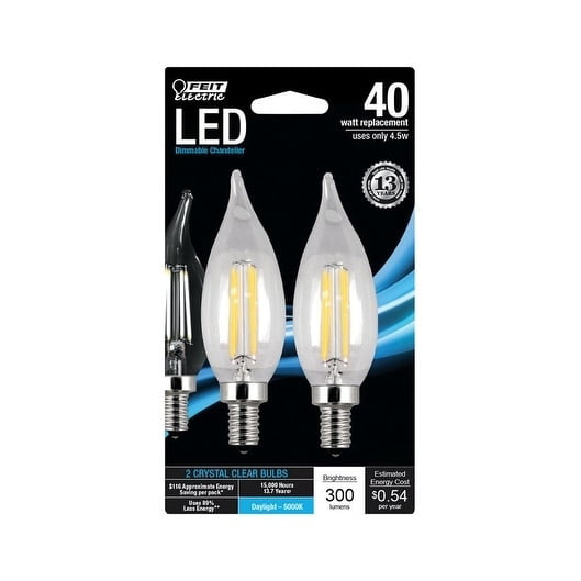 Kvinde dine Turbulens Feit Electric Filament LED - 40 Watt Equivalent - Dimmable - Bent Tip -  Candelabra Base - Clear - Decorative Bulb - 300 Lumen - 5000K Bulb - 2 Pack  (BPCFC40/850/LED/2) - Walmart.com