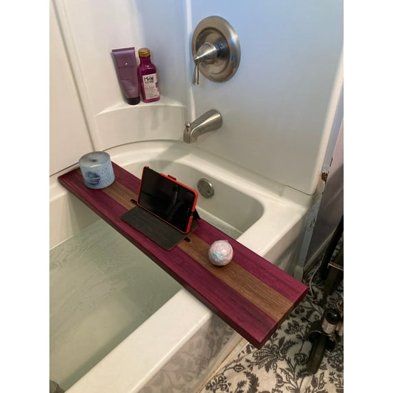 Stumps Custom Wood Experience Ultimate Relaxation with a Handcrafted Purple Heart Wood Bathtub Tray 46-47 Inches Length x 6-9 Inches Width Diagonal Wine Slots