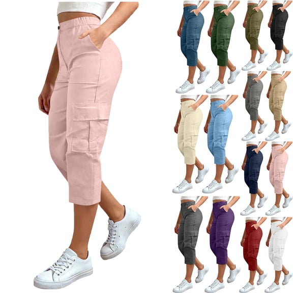 Women's Stretch Cargo Capris pants Front and Side Pockets Casual Cropped Pants