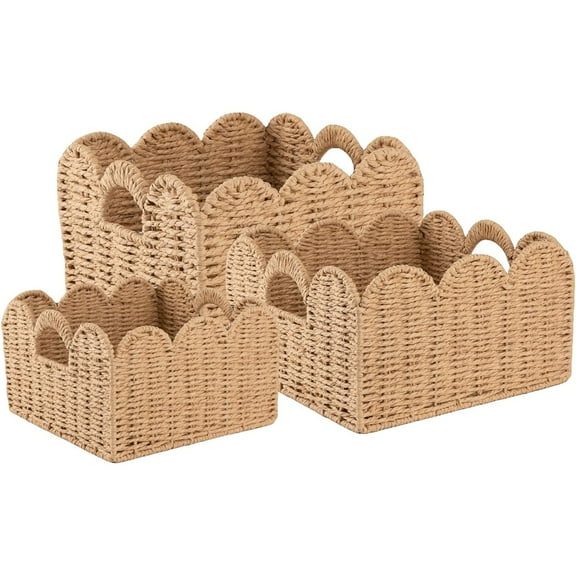 Scalloped Wicker Baskets, Hand-woven Storage Baskets with Built-in Handles, Paper Rope Shelf Baskets for Organizing and Decoration, Set of 3-Yellow