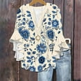 thumbnail image 2 of Women's T-Shirts 3/4 Length Sleeves Floral Top Flowy Ruffle Sleeve Half Button Down Shirt Summer V Neck Blouse Bubble Wrinkles Material 1PC Top Size S-3XL Oversized Tshirts For Women, 2 of 5