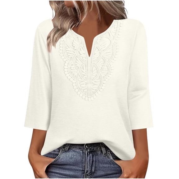 aohooy 3/4 Length Sleeve Boho Tunic Tops Women Summer Dressy Casual V Neck Blouses Lace Embroidered Floral Bohemian T Shirts 2026 Khaki,M
