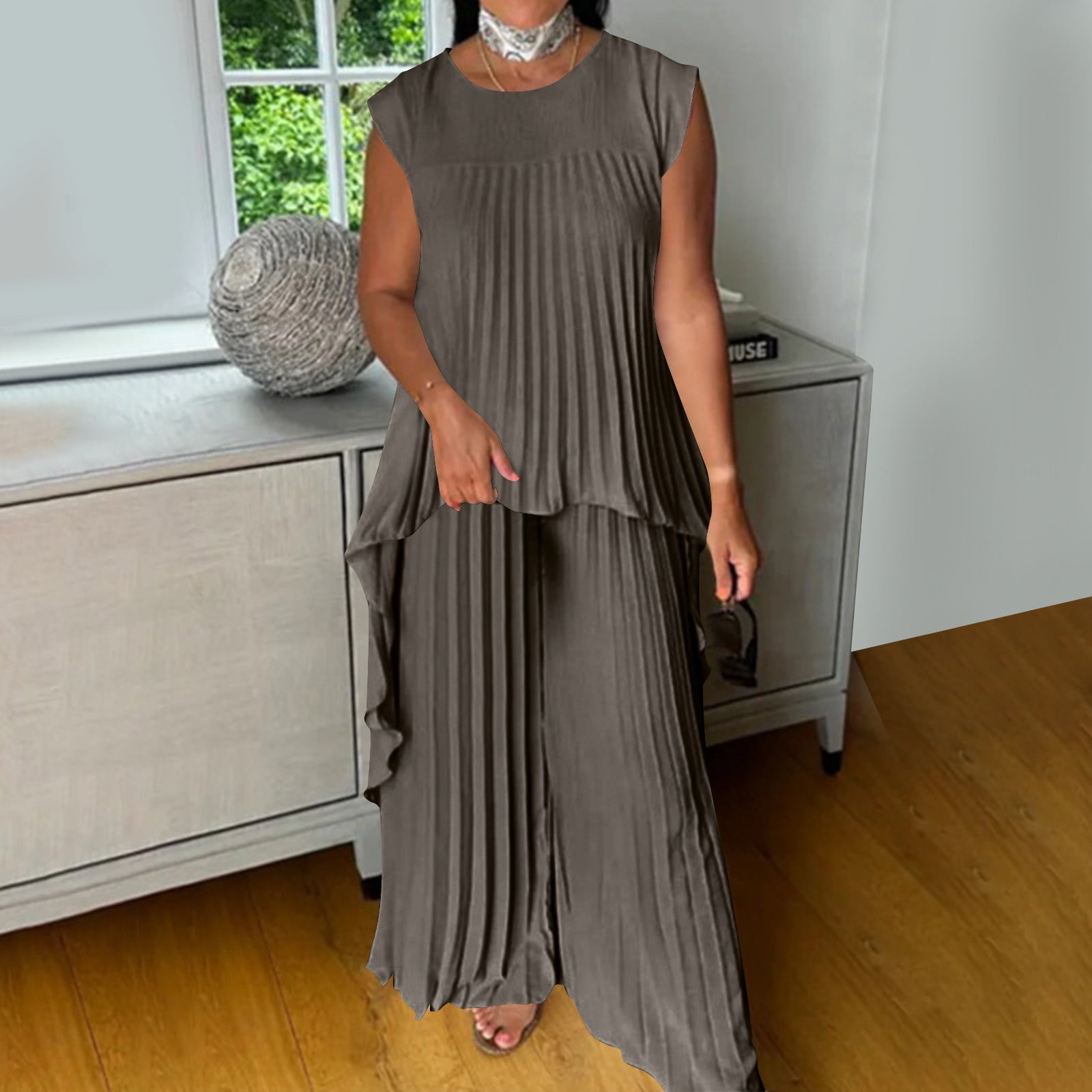 2 Piece Outfits for Women Dressy Pleated Wide Leg Pants Set - Asymmetric Hem Loose Tunic Tops Matching Lounge Sets