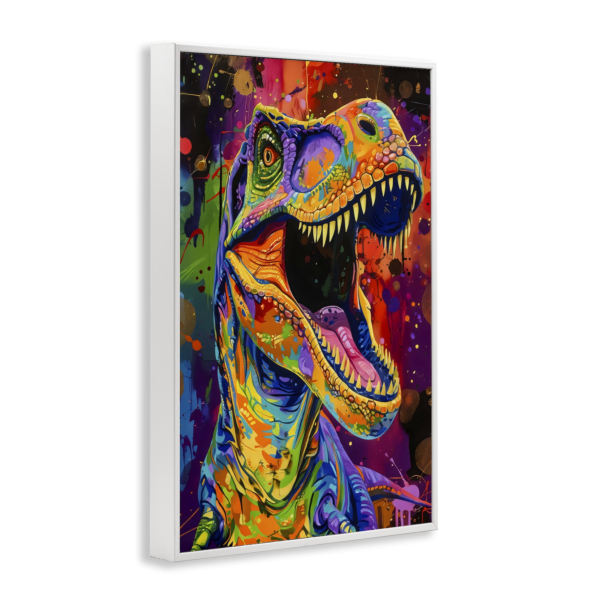 Stupell Industries Paint Splatter Urban T-Rex White Framed Giclee Art, design by Creative Studio