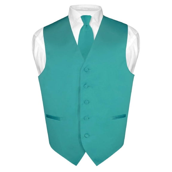 Men's Dress Vest & NeckTie Solid TEAL Color Neck Tie Set for Suit or Tux sz 3XL