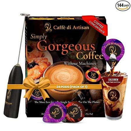 Caffè di Artisan Single Serve Organic Strong Liquid Coffee Concentrate Pods - Value Combo Pack - 144 Capsules- Free Frother on your 1st order!