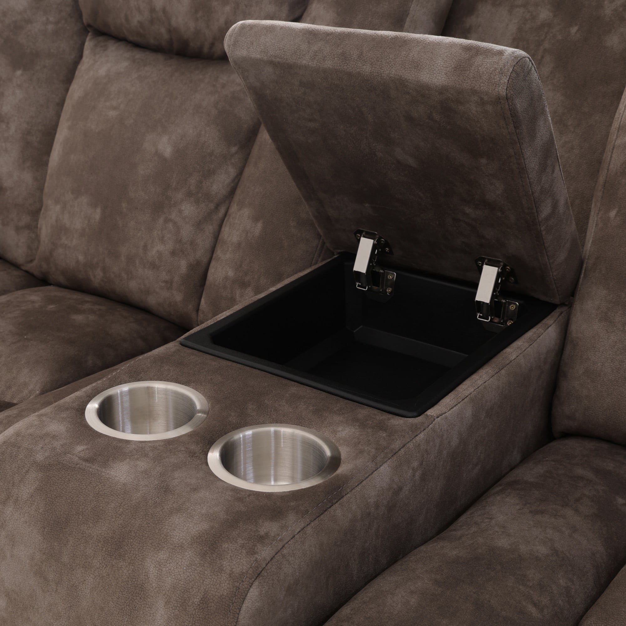 Gewnee Manual Recliner Loveseat, Adjustable Positions, Hidden Storage, Home Theater Seating with Cup Holders, Velvet‑Brown