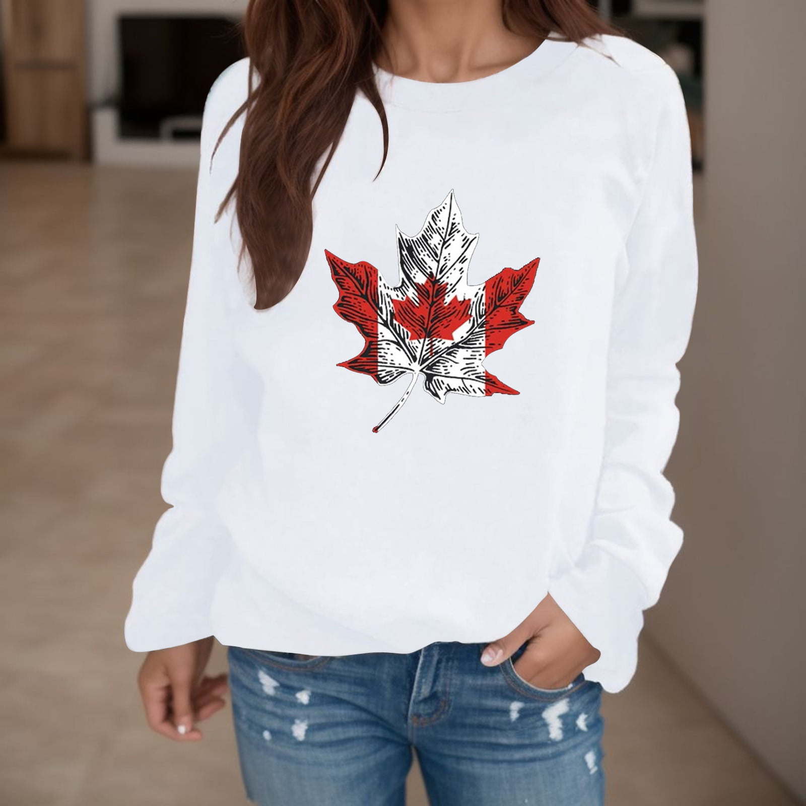 Sweatshirt for Women Canadian Maple Leaf Print Round Neck Long Sleeve Casual Hoodie Black, Women's, Size: XL