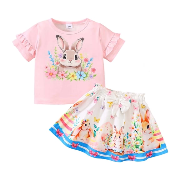 WOYY Girls Easter Outfits Cute Ruffle Short Sleeve Crew Neck T-Shirt Skirt Set, Sizes 1-2