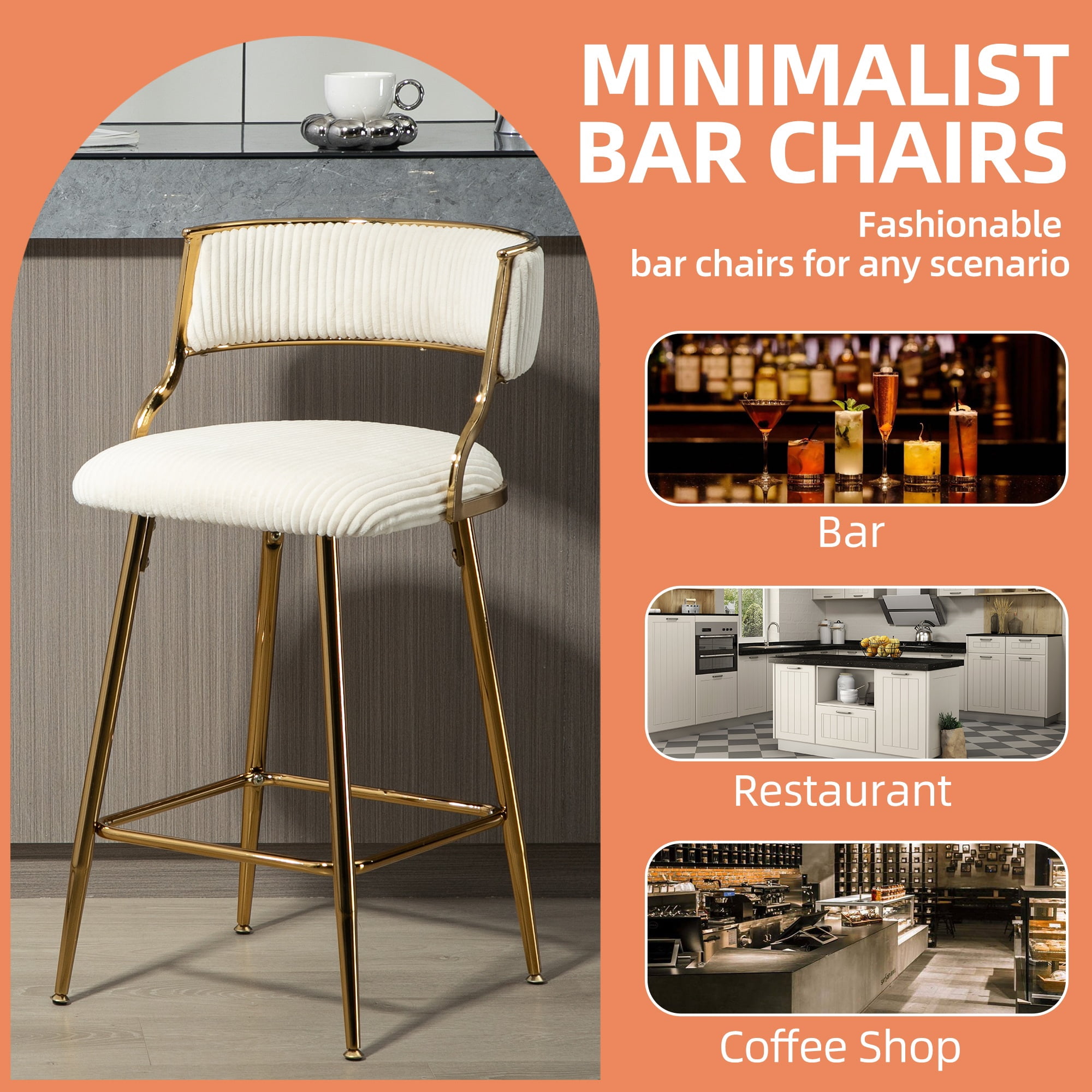 Peispie 25" Counter Height Bar Stools Set of 2, Modern Corduroy Barstools with Low Back and Gold Metal Legs, Padded Kitchen Island Chairs with Footrest for Home Bar, Beige