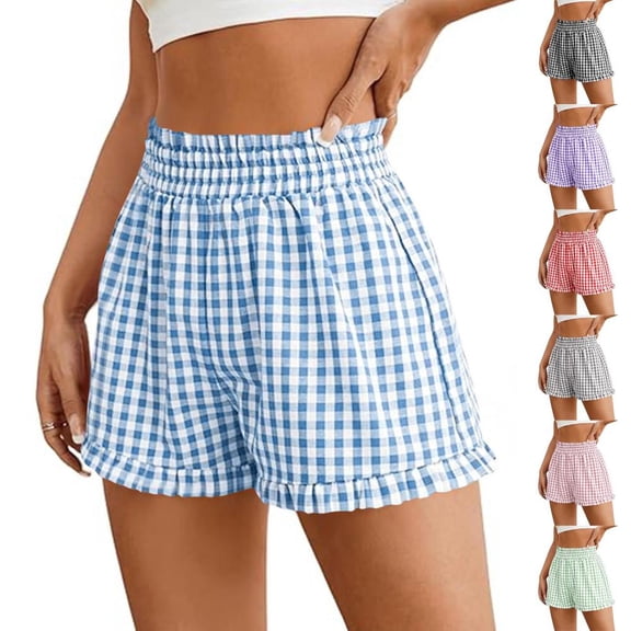 Bxsruta Women's High Waist Gingham Check Elastic Waist Ruffle Hem Casual Shorts with Pockets