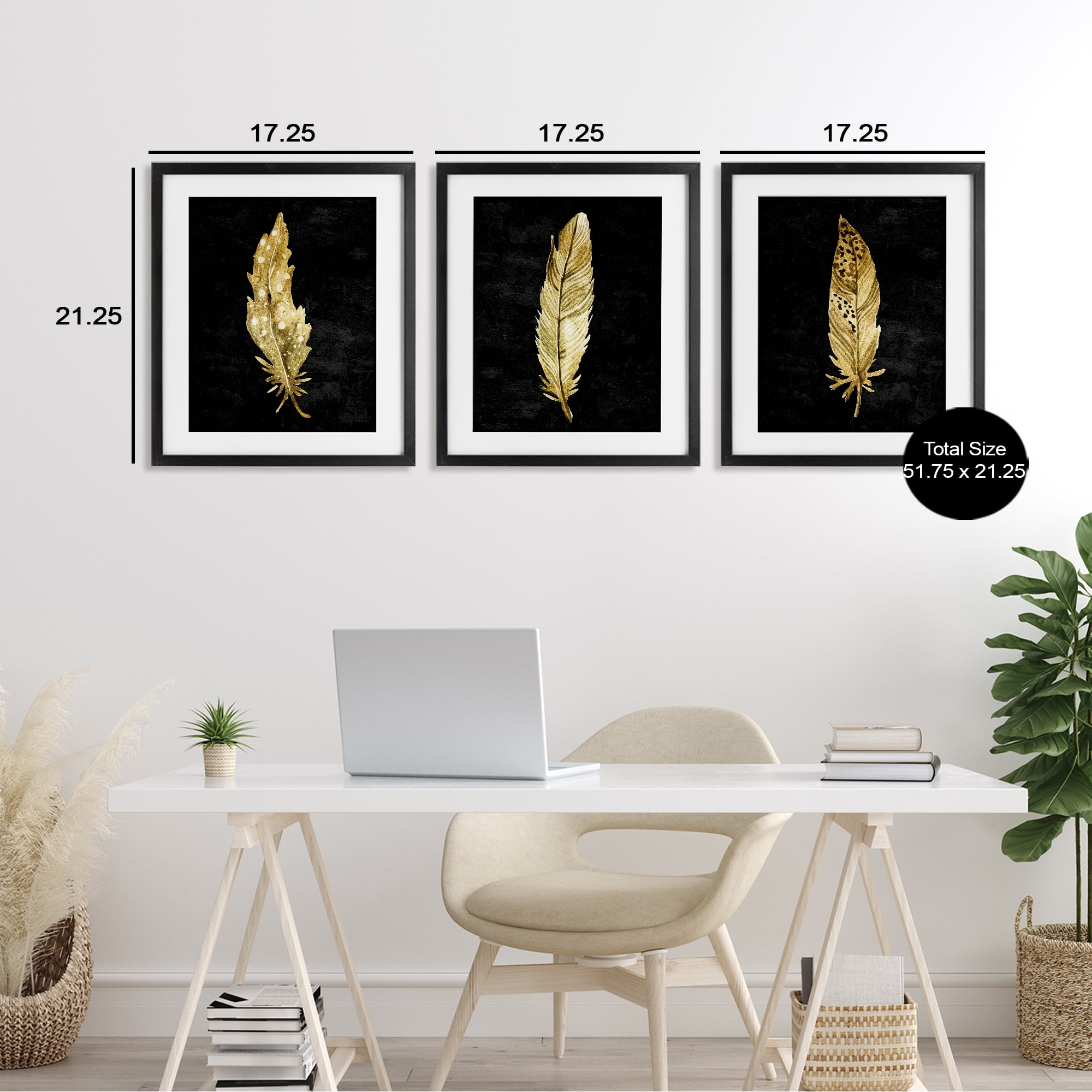 Black & Gold Feathers 3 Piece Black Framed Print Under Glass Set, design by Kim Allen