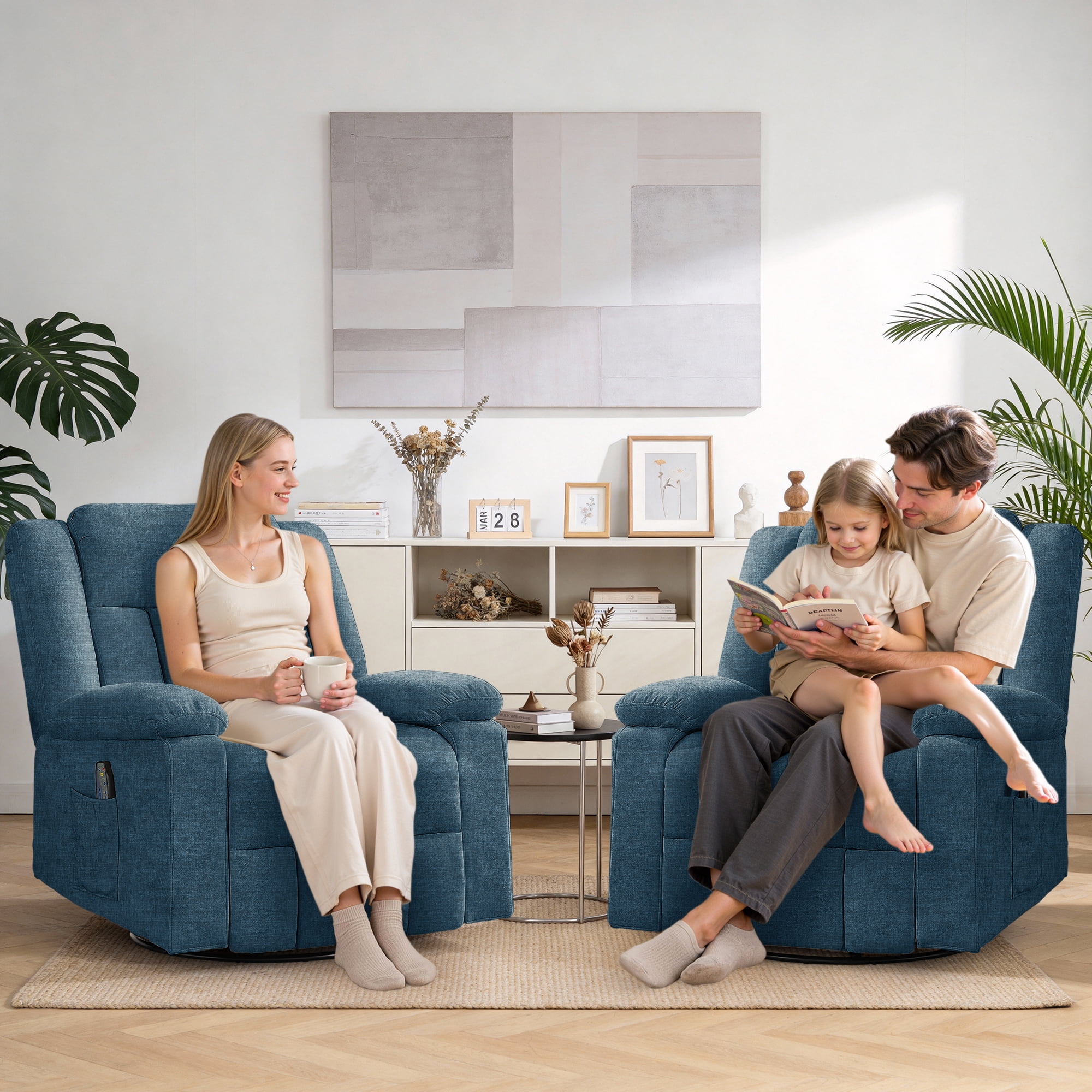 Korser 360°Swivel Rocker Recliner with Massage and Heating,Rocker Recliner Chair for Adults with Side Pockets Nursery Glider Recliner for Living Room,Chenille,Blue