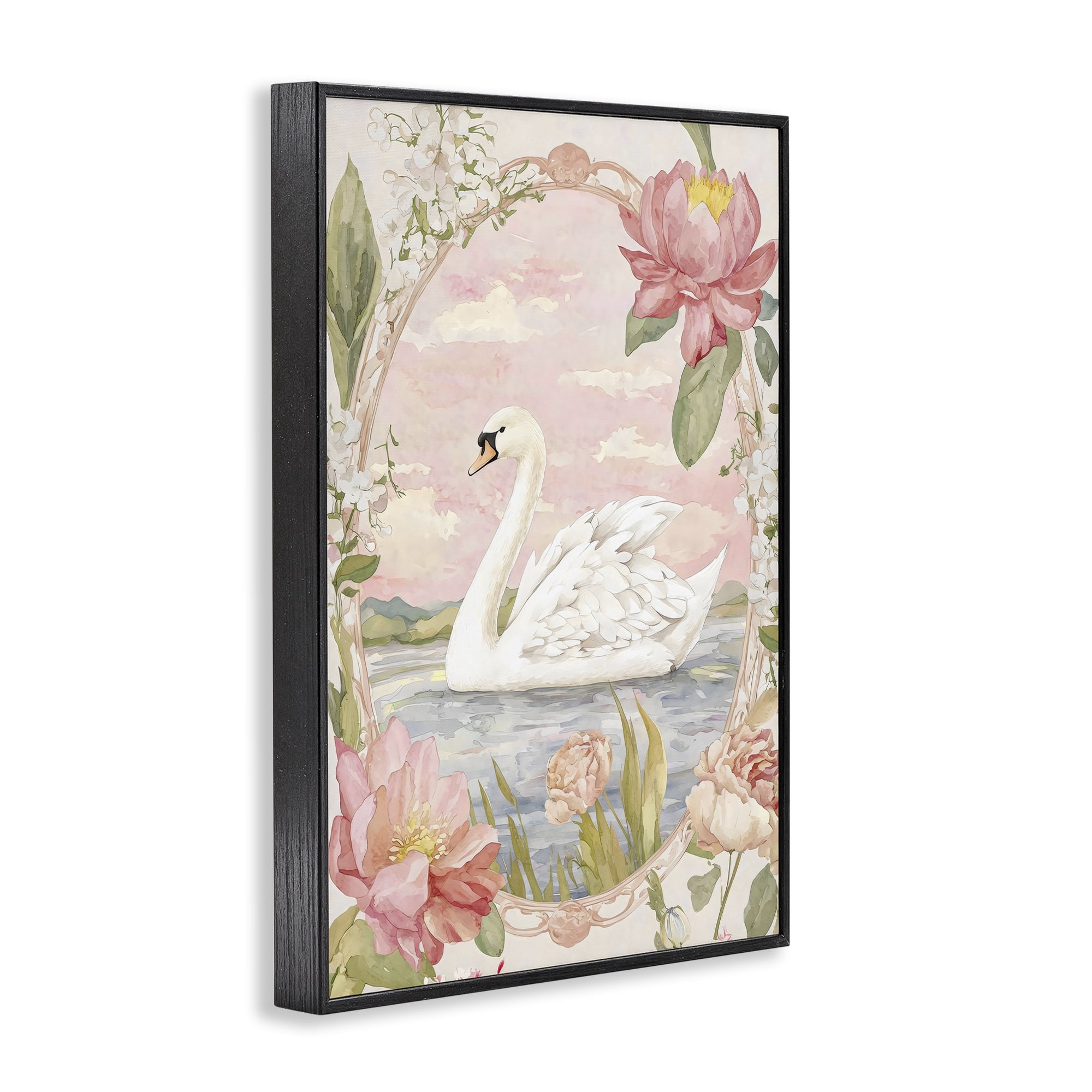 Stupell Industries Floral Border Swan in Bloom Black Framed Giclee Art, design by Creative Studio