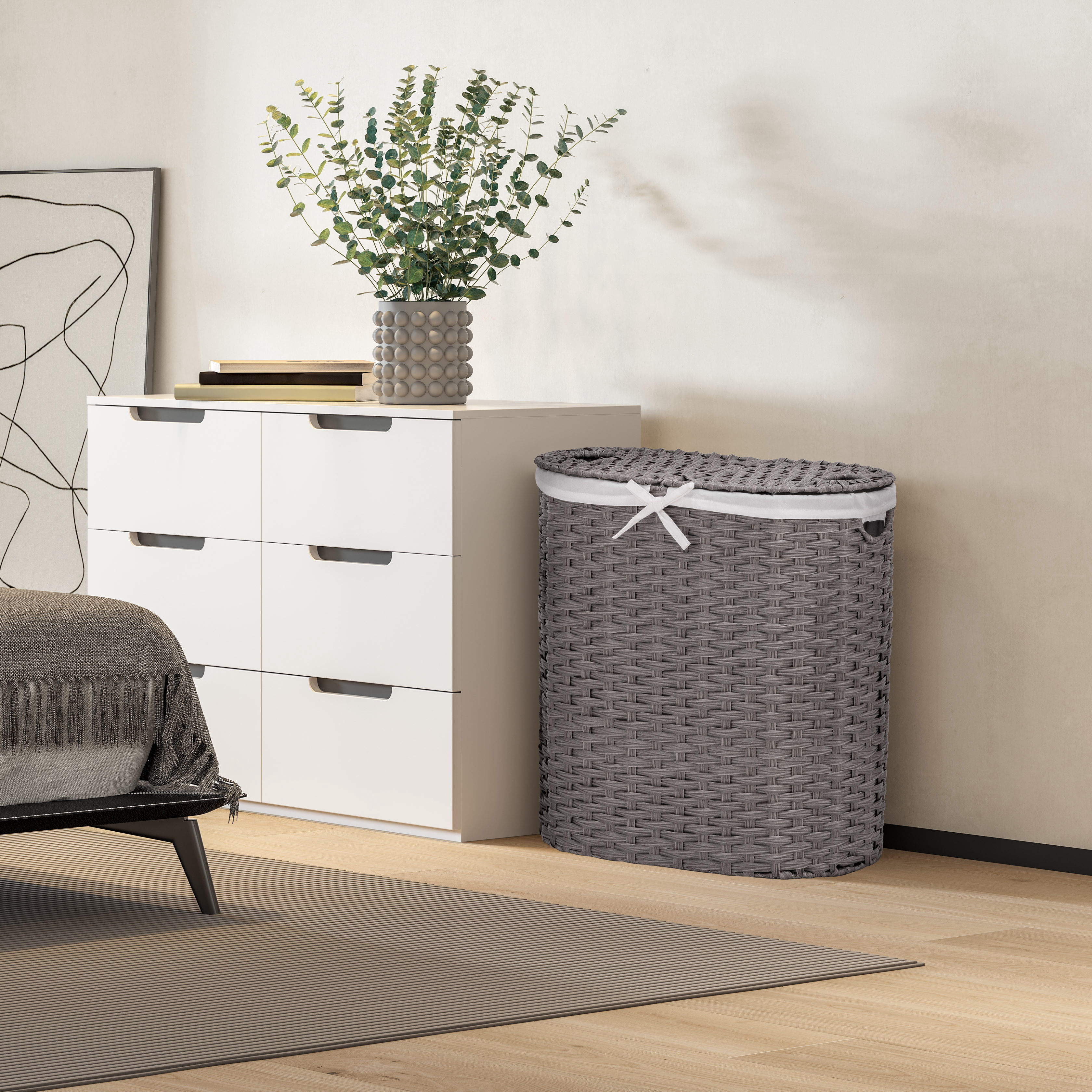 Seville Classics Hand-Woven Oval Double Laundry Hamper /w Liner, Gray