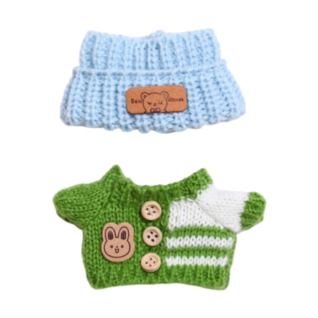 Suéter y sombrero para muñecas, accesorios de ropa hechos a mano, ropa para muñecas adorables y desmontables suaves, trajes para muñecas de 15-17cm, 2 sombrero azul verde
