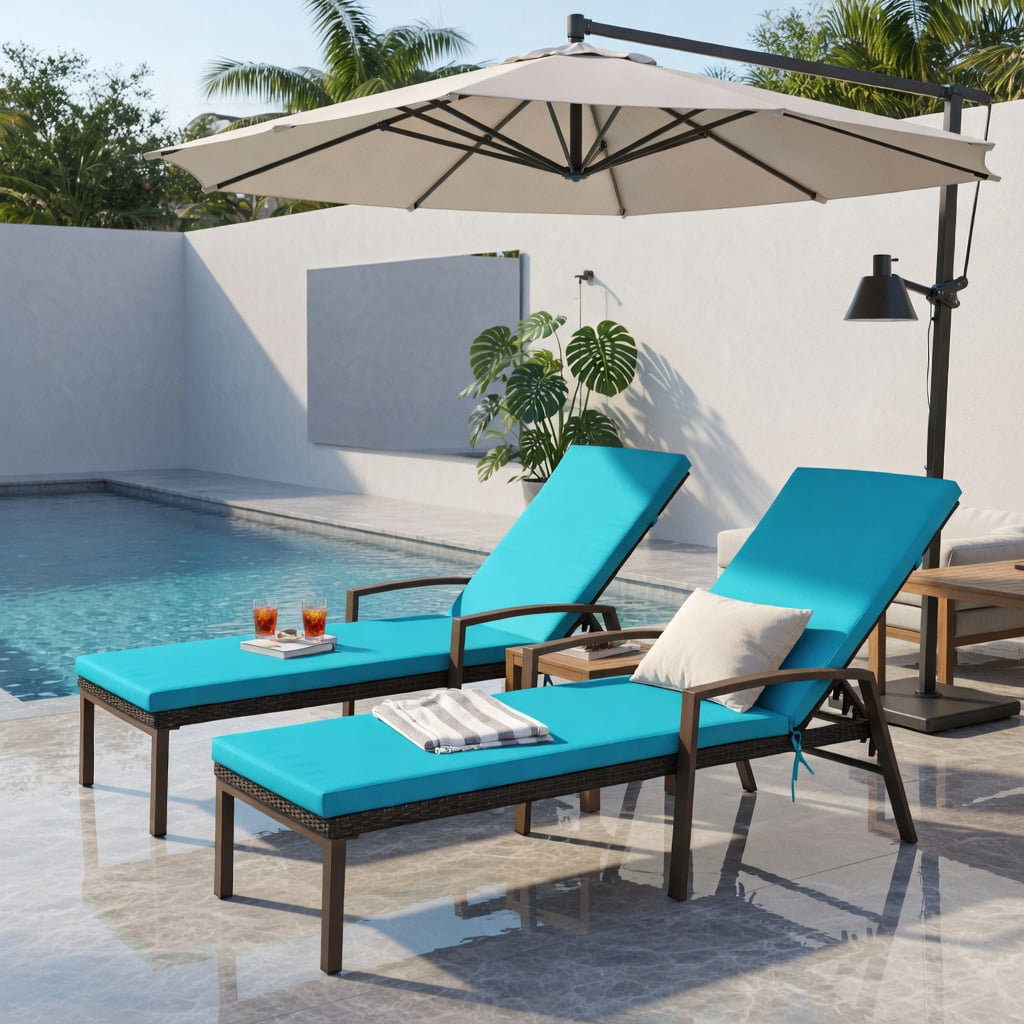 Hommoo 2-Pack Adjustable Outdoor Lounge Chairs with Removable Cushions, Steel Frame, Weather-Resistant PE Rattan, 5-Position Reclining Backrest, Turquoise