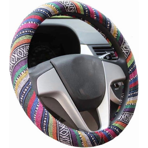 Ethnic Style Coarse Flax Cloth Automotive Steering Wheel Cover Anti Slip and Sweat Absorption Auto Car Wrap Cover (15 inch)