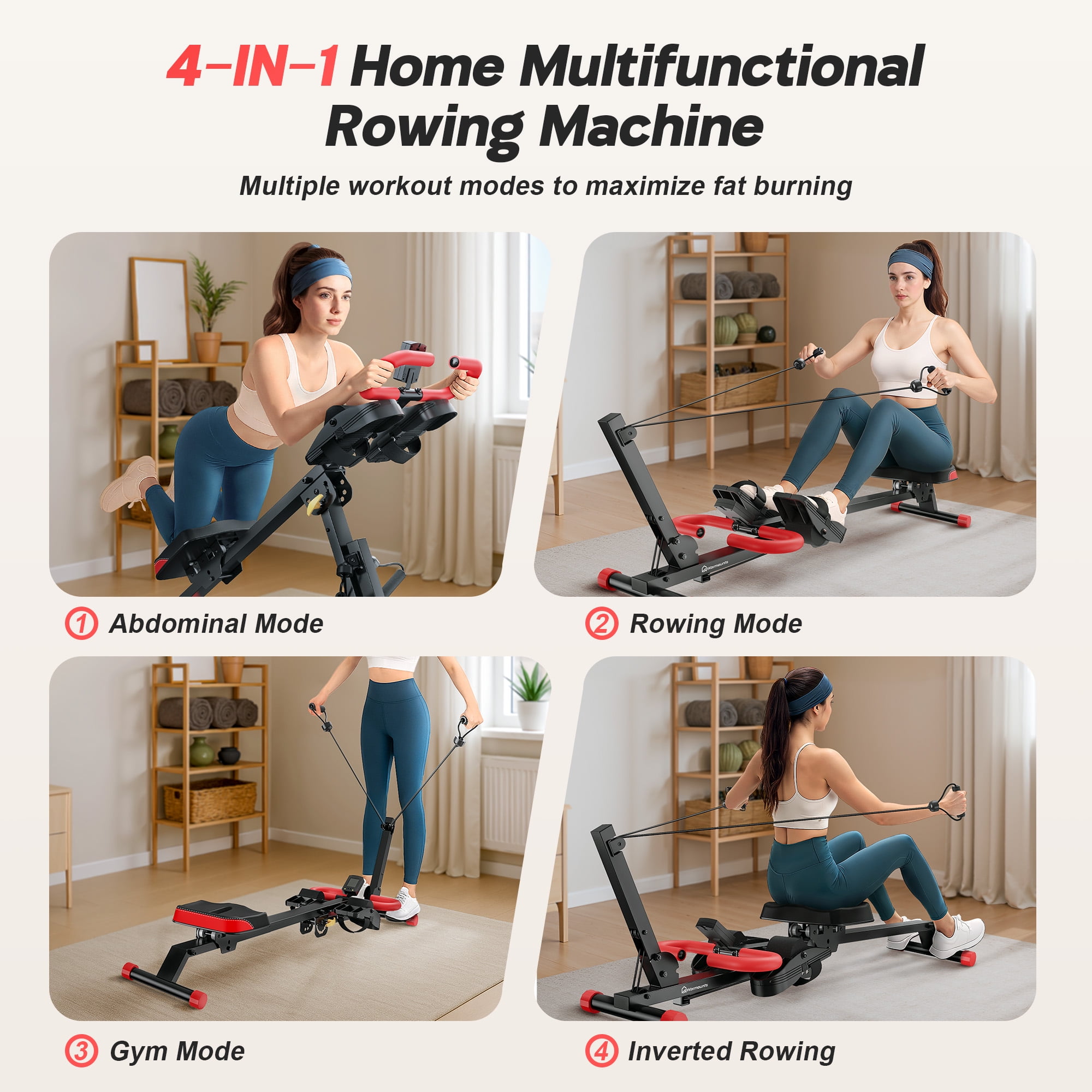 Warmounts 4-in-1 Foldable Rowing Machine with LCD Monitor photo 7