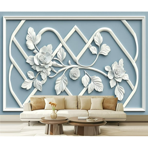 Peel and Stick Wallpaper Canvas 14 3D Floral Motifs Vines Leaf Patterns Scrollwork Diamond Shape Modern Art Wall Mural Decor Self Adhesive and Removable 69in x 98in