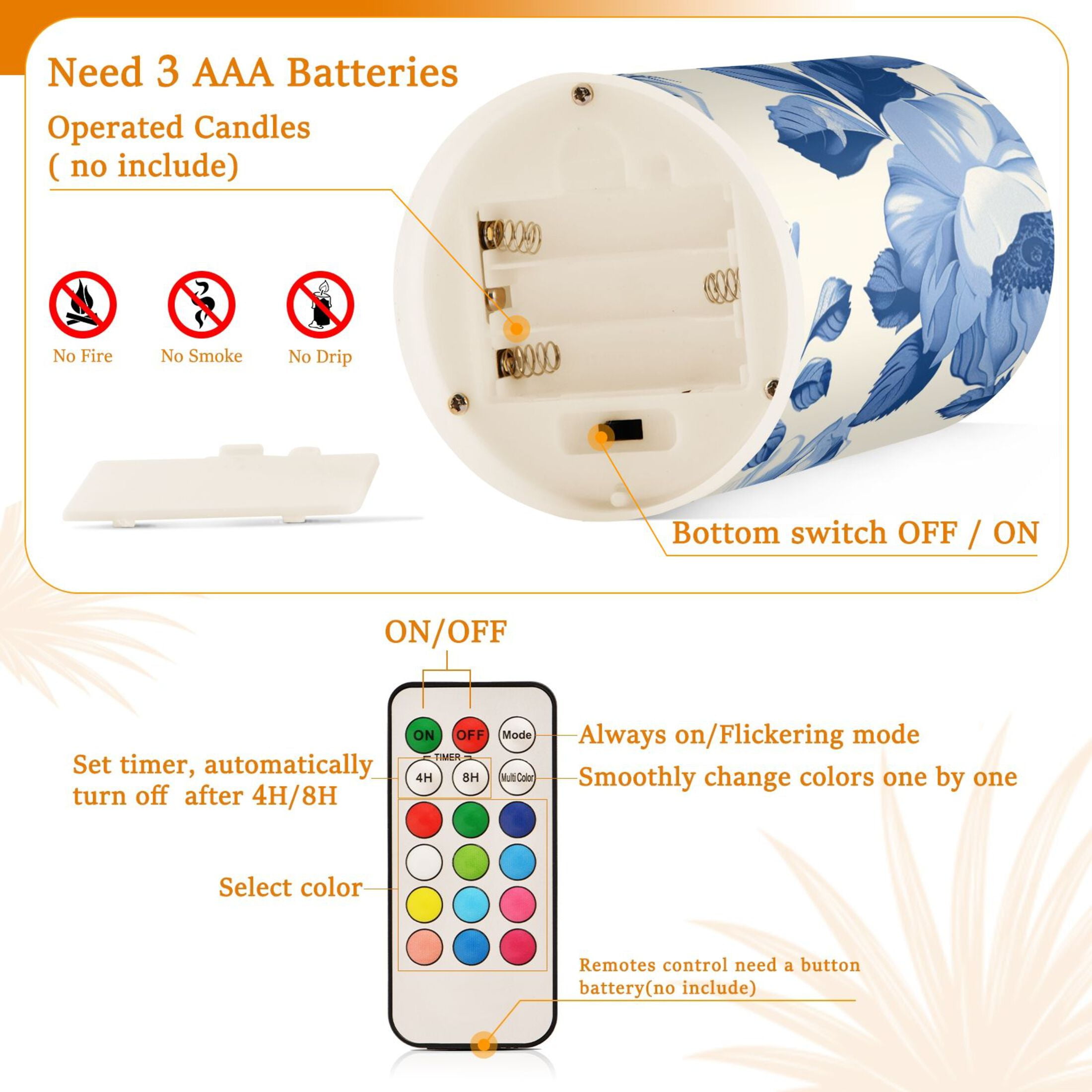 Blue White Florals and Leaves Flickering Flameless Candles LED Tealight Battery Operated with Remote Set of 2 Holiday Decor Ornaments