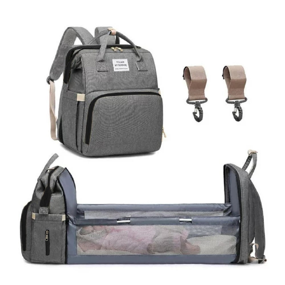 Grey Diaper Bag Backpack with Foldable Crib,Large Baby Bags for Mom and Dad,Multifunction Travel Backpack Water Resistant Baby Nappy Changing Bags with USB Charging Port 