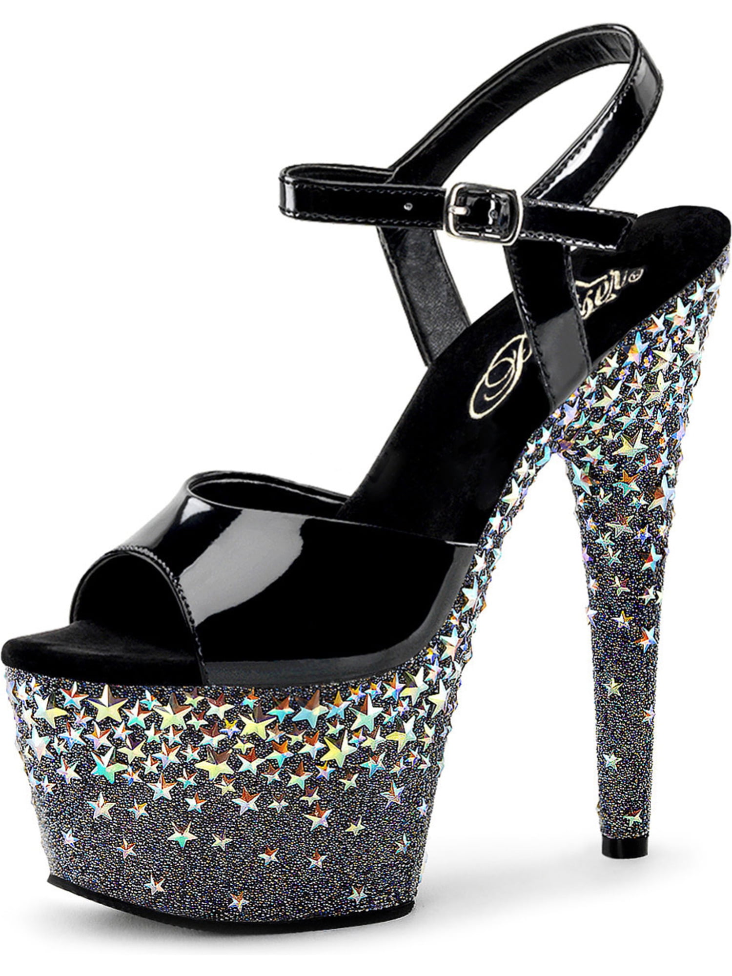 Womens Black Platform Pumps Ankle Strap Sandal Rhinestone Star Shoe 7 Inch Heel Womens Black Platform Pumps Ankle Strap Sandal Rhinestone Star Shoe 7 Inch Heel