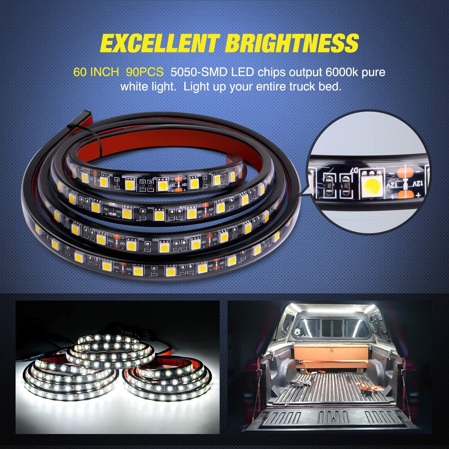 Nilight 3PCS 60 Bed Light Strip 270 LED with On/Off Switch Blade Fuse Splitter Extension Cable for Cargo, Pickup Truck, SUV, RV, Boat,2 Years Warranty