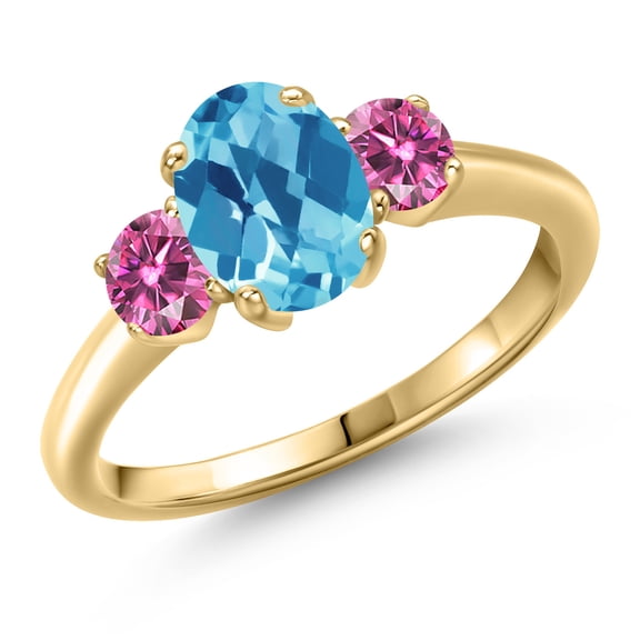 Gem Stone King 10K Yellow Gold Swiss Blue Topaz and Pink Moissanite Engagement Ring for Women | 1.76 Cttw | Oval Checkerboard 8X6MM | Gemstone November Birthstone | Size 7