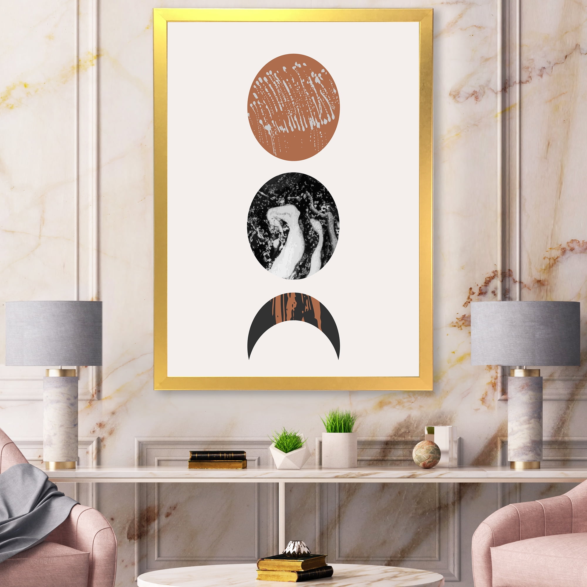 Designart 'Retro Shapes Abstract Moons and Suns' Modern Framed Art Print
