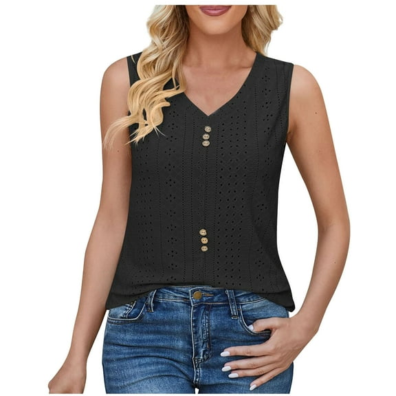 gakvbuo Tank Tops For Women 2024 Summer Eyelet Sleeveless Women's Fashion Printed T-shirt 3/4 Sleeves Blouse Round Neck Casual Tops