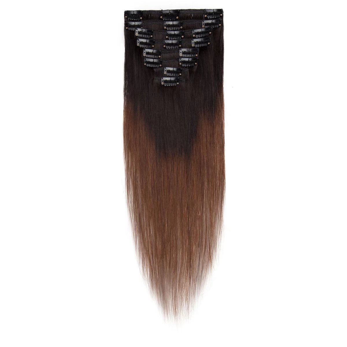MY-LADY Ombre Clip in 100% Remy Human Hair Extensions 8Pcs Full Head Weft Highligh Hairpiece Long Straight #1BT4 Black Brown to Medium Brown 16inch