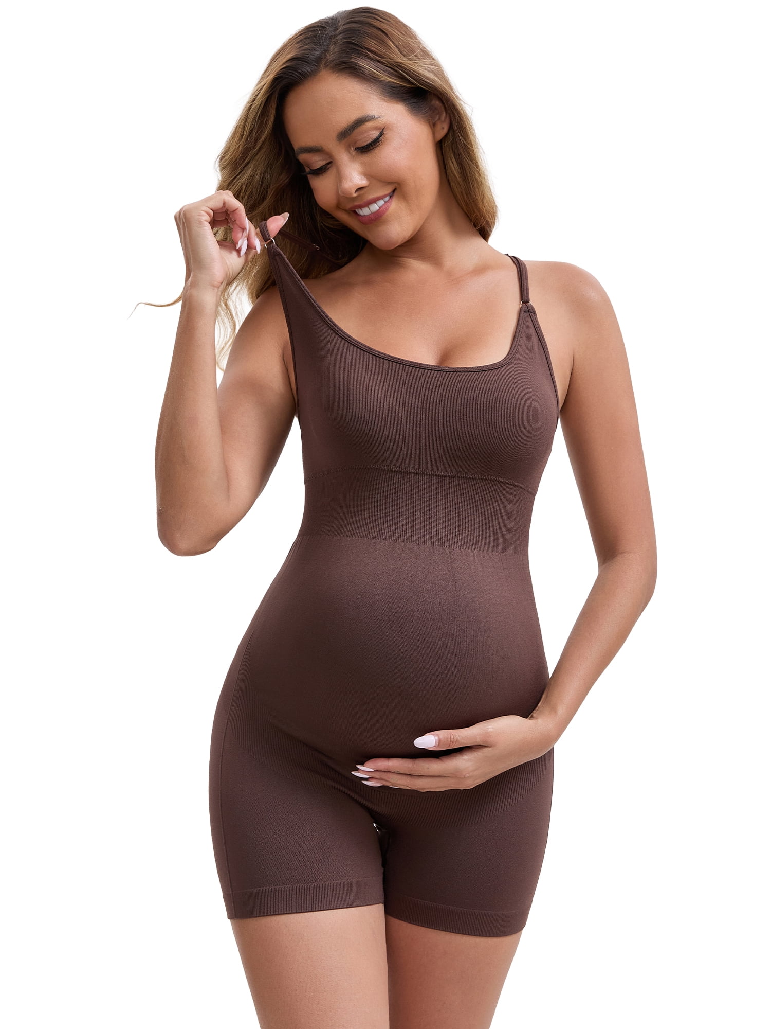 DARING DIVA Women's Maternity Sleeveless Bodysuit U-Neck Brown