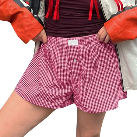 YDKZYMD Work Out Shorts Gym for Women Striped Plaid Y2k Button Front Shorts with Pocket Casual Summer Pajamas Elastic Low Waisted Bloomers Sleepwear Pink S