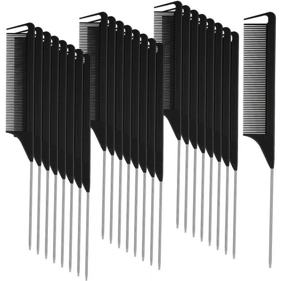 30 Pieces Parting Comb for Hair Rat Tail Comb Steel Pin Rat Tail Carbon Fiber Heat Resistant Teasing Combs(Black)