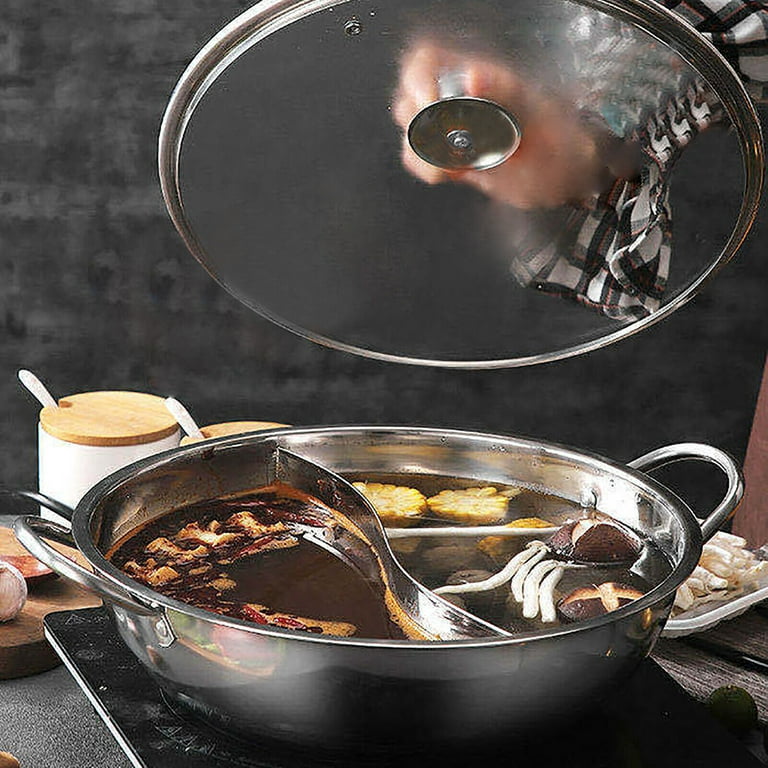 OUKANING Shabu Shabu Hot Pot Stainless Steel Hot Pot 12 Dual Site Divider  with Glass Lid 
