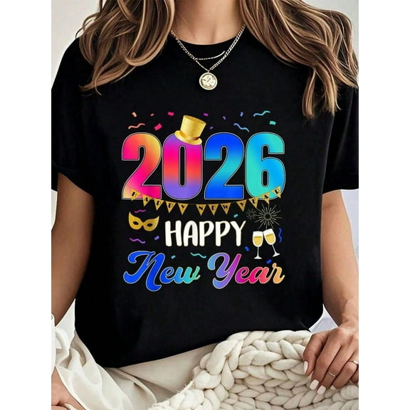100% Cotton New Years Eve Party Supplies 2026 Happy New Year Fireworks T-Shirt Summer Tees Women