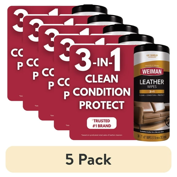 (5 pack) Weiman 3-In-1 Leather Cleaner, Conditioner & Protection Wipes, 30 Count