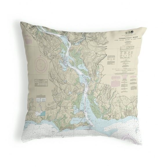 Betsy Drake Interiors Connecticut River, CT Nautical Map Noncorded Indoor/Outdoor Pillow 12x12