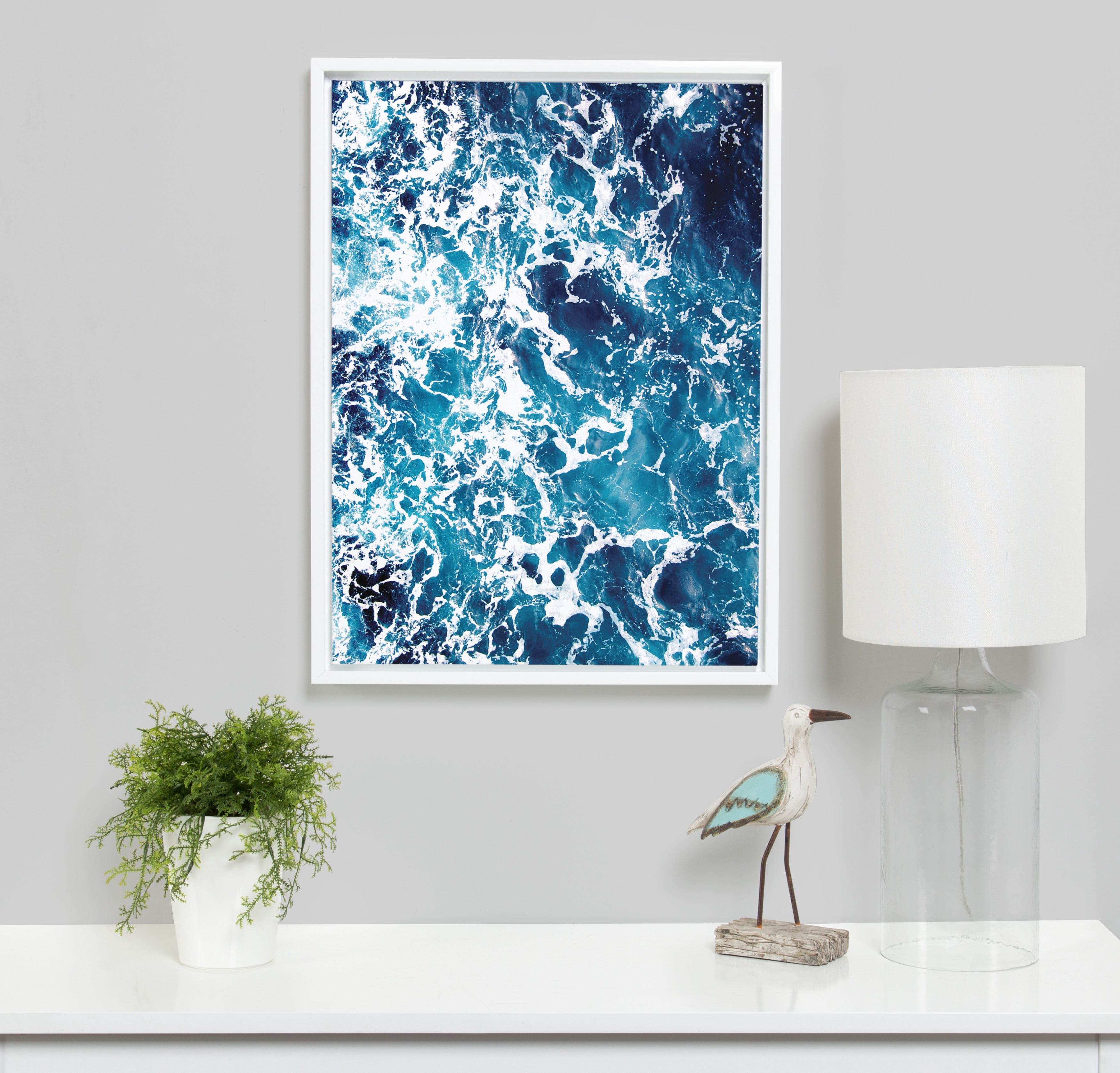 Kate and Laurel Sylvie Blue Ocean Waves Color Photograph Framed Canvas Wall Art, 18x24 White