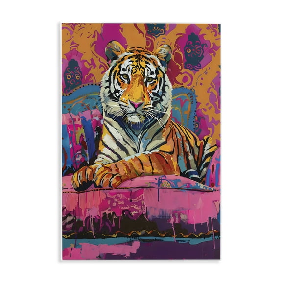 Stupell Industries Lounging Tiger over Orange Pink Wall Plaque Art, design by LSR Design Studio